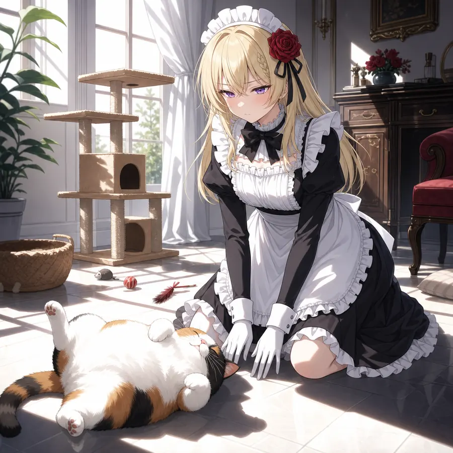 ローゼ：三毛猫と遊ぶ