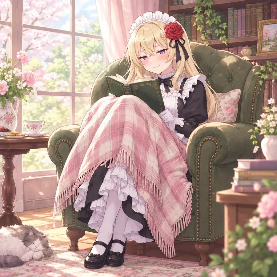 ローゼ：ソファで読書する