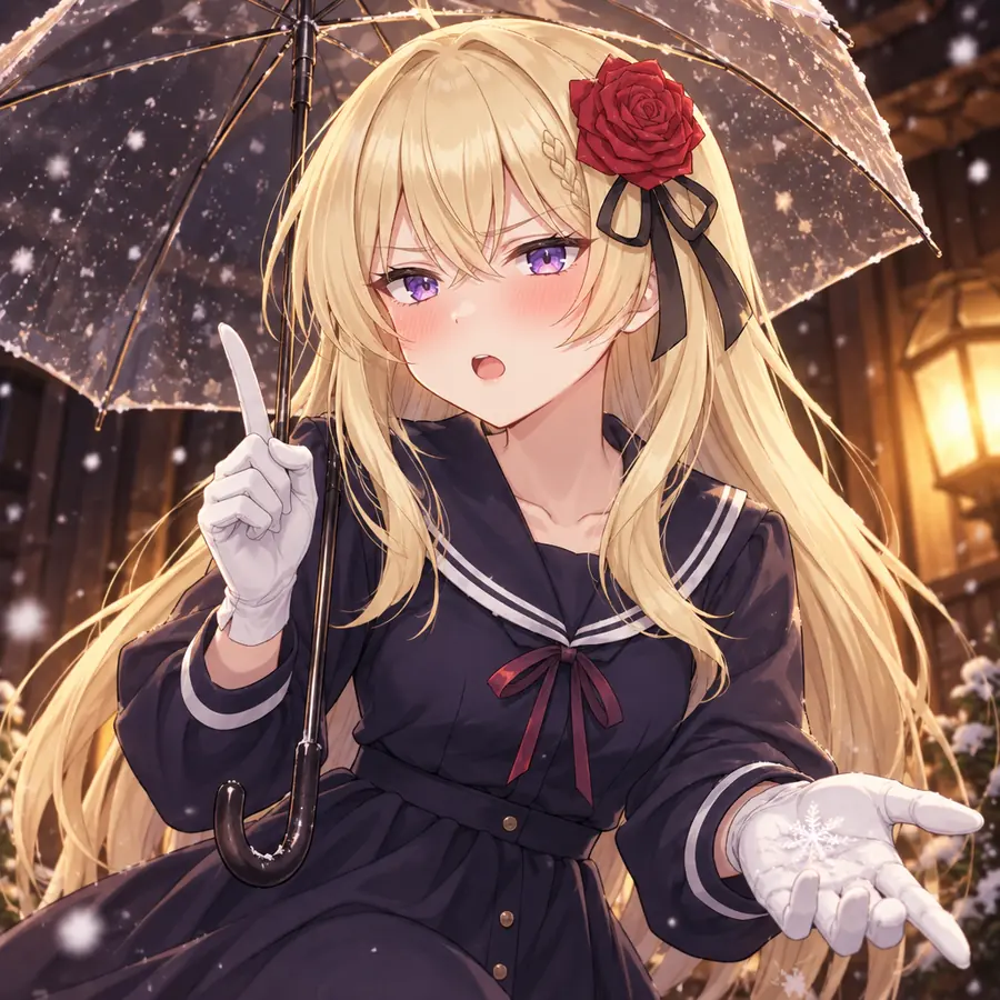 ローゼ：雪の中で傘を差す