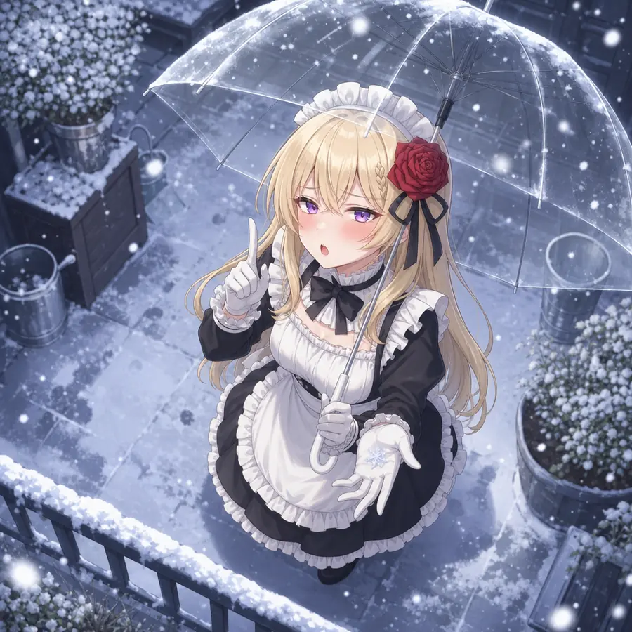 ローゼ：雪の中で傘を差す